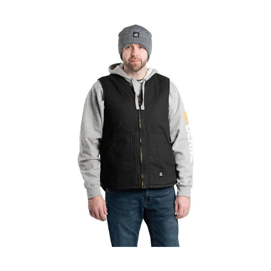 Black zip-front vest over a gray hoodie