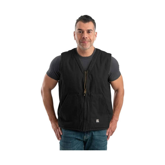 Black V-neck vest with zipper front and large front pockets, worn over a dark T-shirt