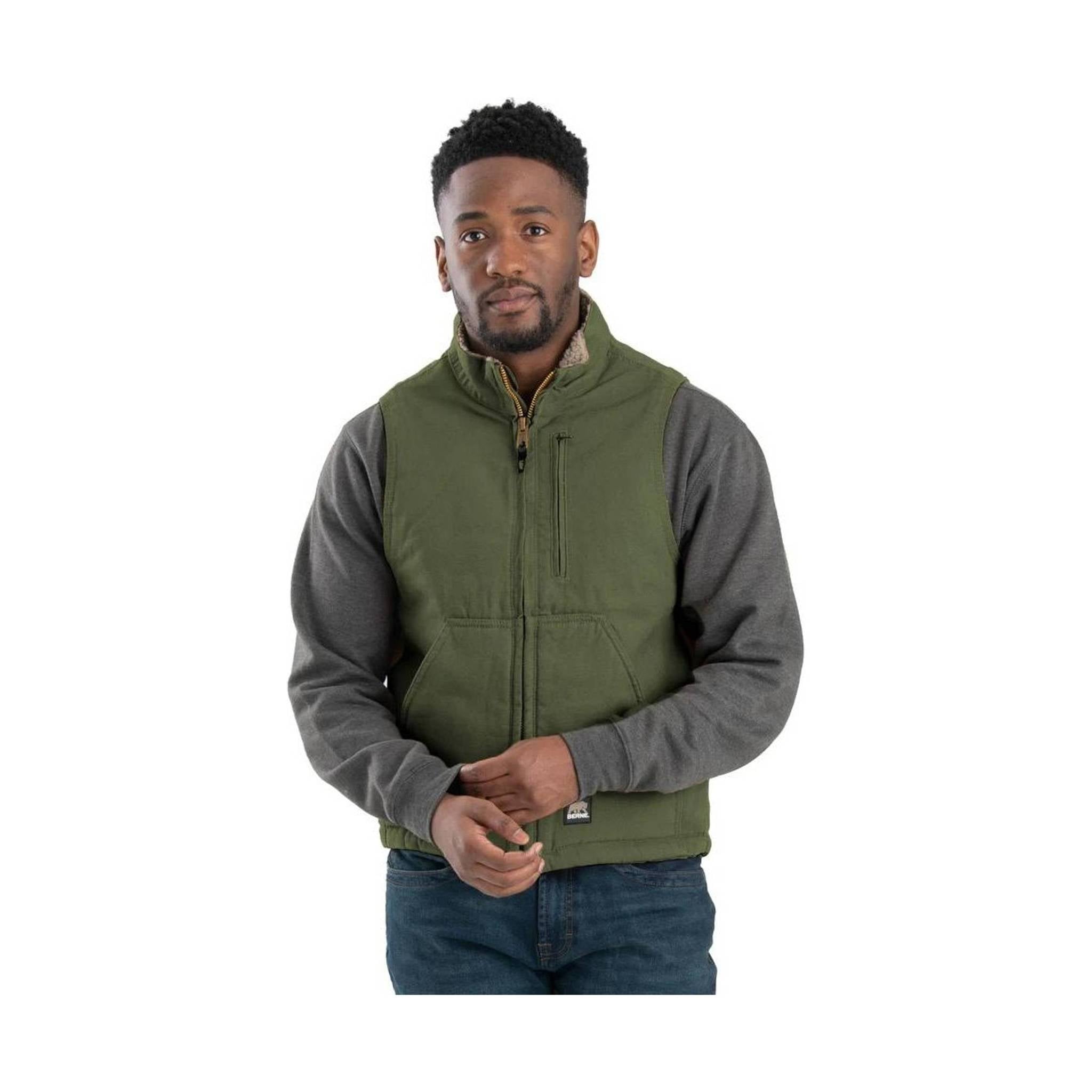 Berne Men's Heartland Sherpa-Lined Washed Duck Vest Cedar Green