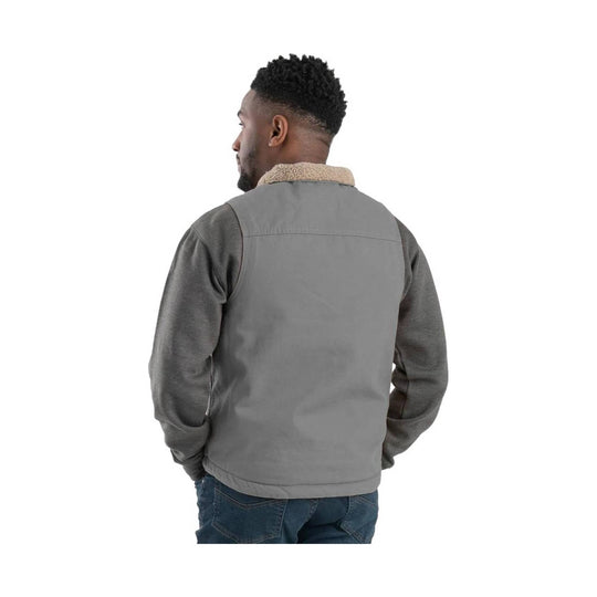 Gray sherpa-collar vest shown from the back over dark long sleeves