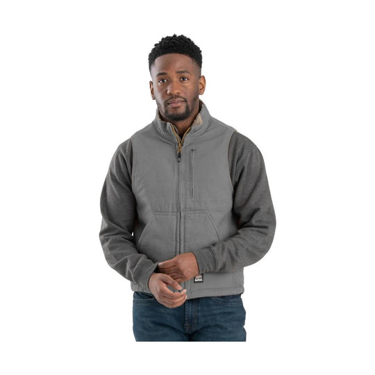 Gray sherpa-lined vest with full-zip front, chest zip pocket, and front hand pockets