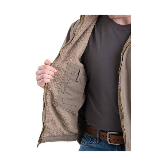 Men's zip-front hooded work coat with sherpa lining and interior chest pocket, worn open