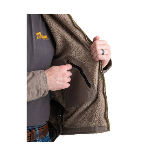 Brown hooded work coat with sherpa lining, zip front, and chest logo