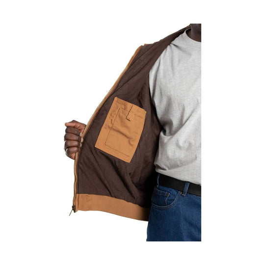 Open brown hooded work jacket showing tan lining and front pocket