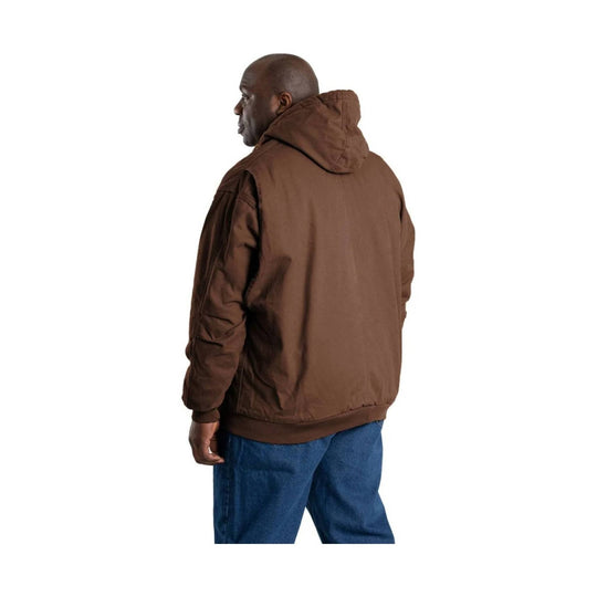 Brown hooded work jacket shown from the back with ribbed cuffs and hem