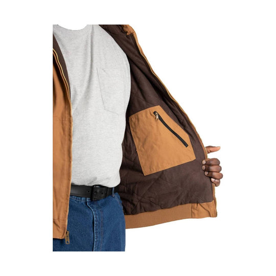 Brown hooded work jacket with tan trim and front zipper, shown open over a gray shirt