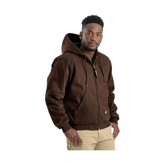 Brown hooded zip-front work jacket with ribbed cuffs and front hand pockets