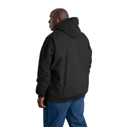 Black hooded jacket shown from the back on a model