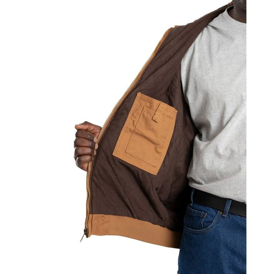 Brown hooded work jacket shown open, with tan trim, zip front, and chest pocket