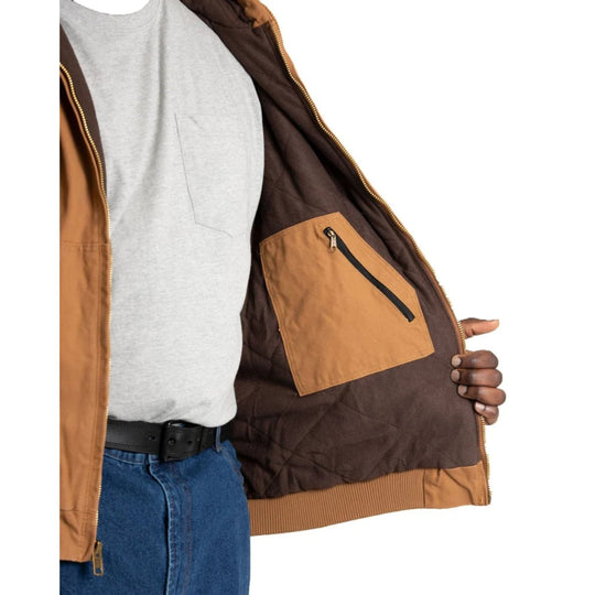 Brown hooded work jacket open to show dark lining, tan pocket, and tan ribbed hem