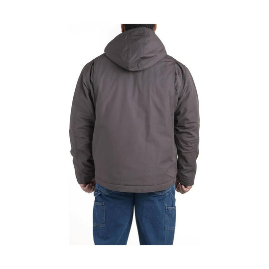 Back view of a dark gray hooded work jacket with long sleeves
