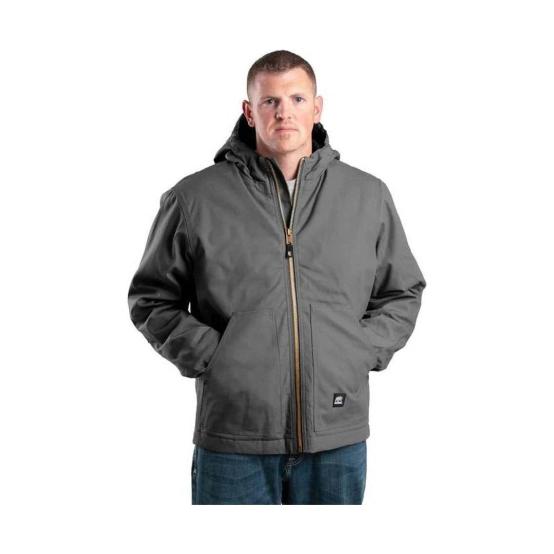 Gray hooded work jacket with front zipper, black sleeves, and hand pockets