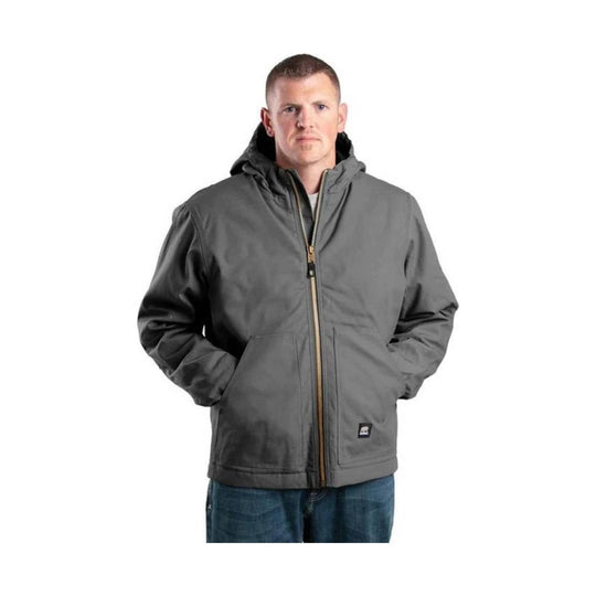 Gray hooded work jacket with front zipper, black sleeves, and hand pockets