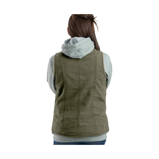 Olive green hooded vest worn over a light gray hoodie, shown from the back.