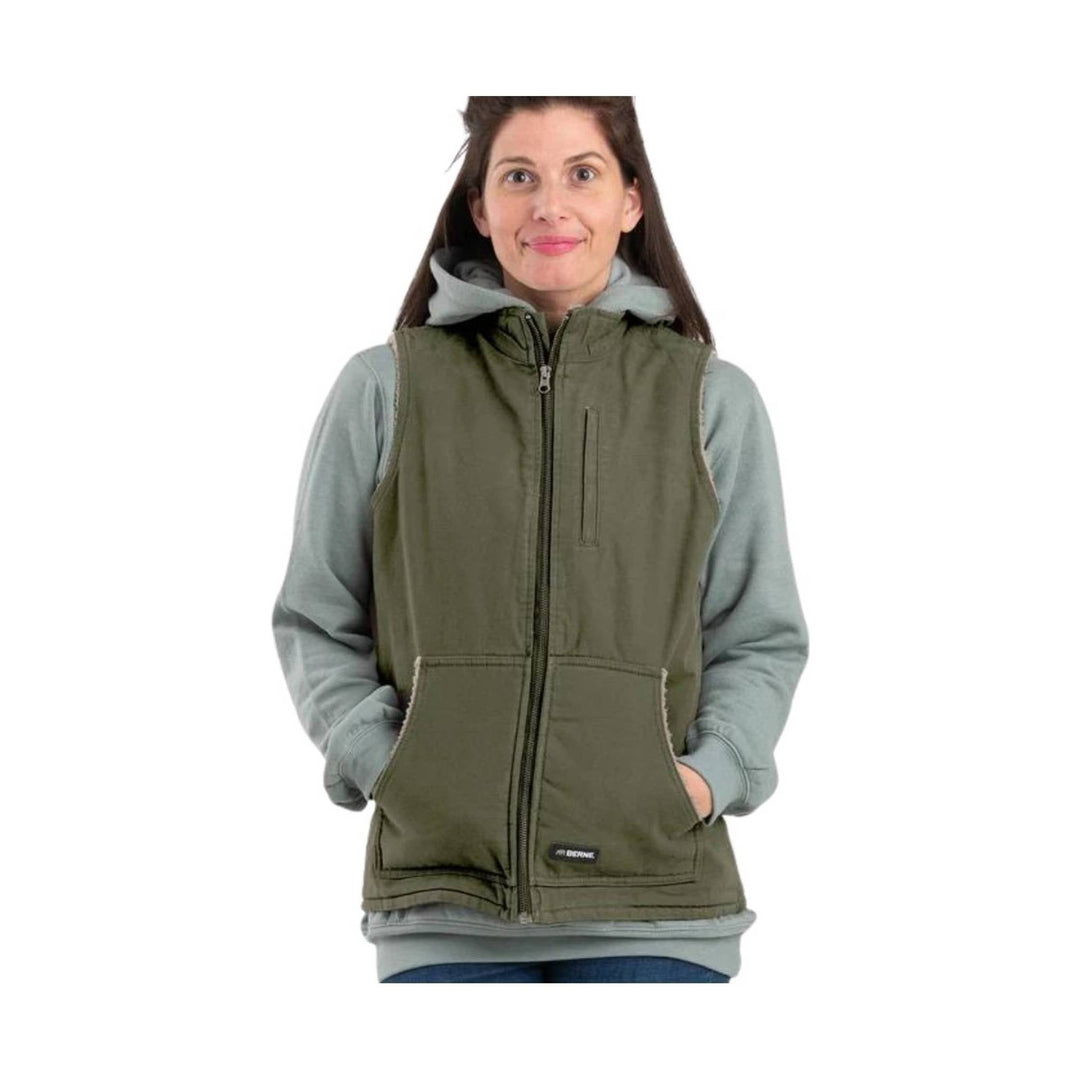 Olive hooded vest layered over a light gray sweatshirt, shown front view with zip front and hand pockets