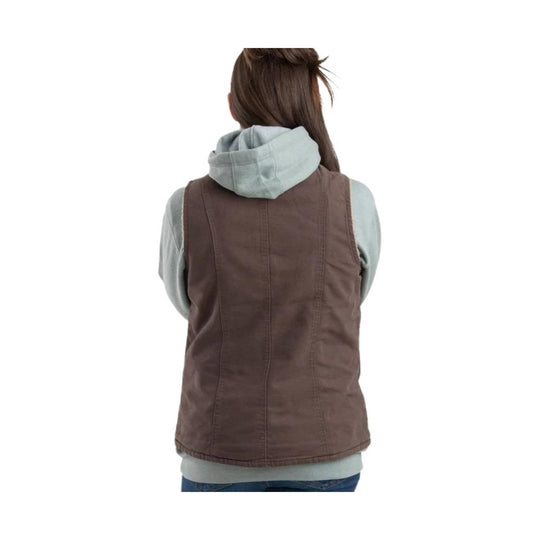 Brown hooded vest over a light gray hoodie, shown from the back