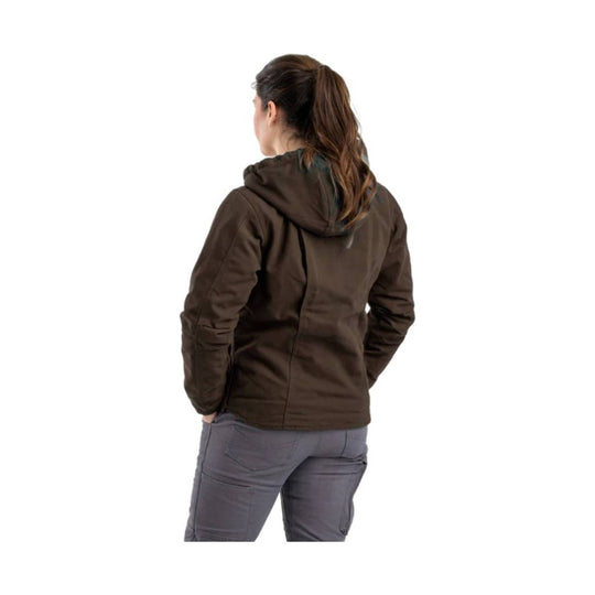 Brown hooded jacket shown from the back over gray pants