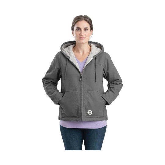 Gray hooded jacket with front zipper, sherpa-lined hood, and large front pockets