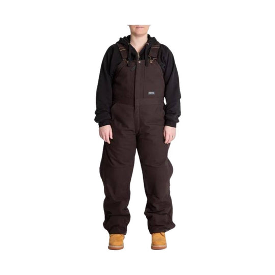 Brown insulated bib overalls over a black hoodie, shown full length on a white background