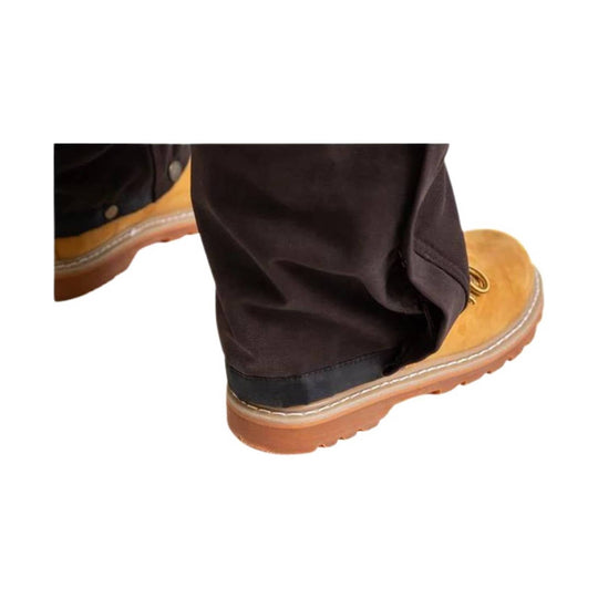 Brown insulated bib overalls with tan work boots