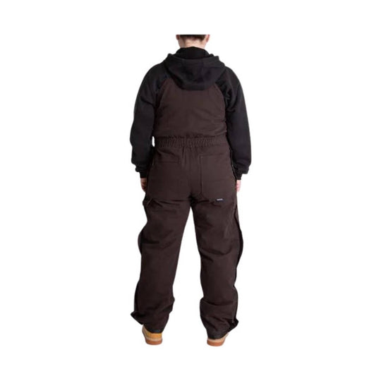 Back view of brown insulated bib overalls with a black hooded top