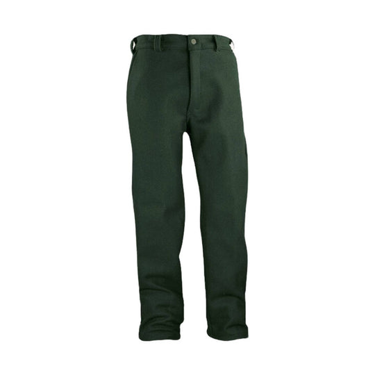 Dark green straight-leg pants with belt loops and a button fly