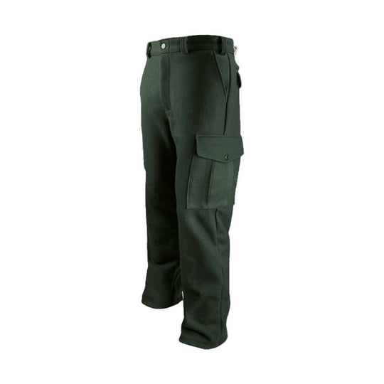 Dark green cargo pants with six pockets and a straight leg