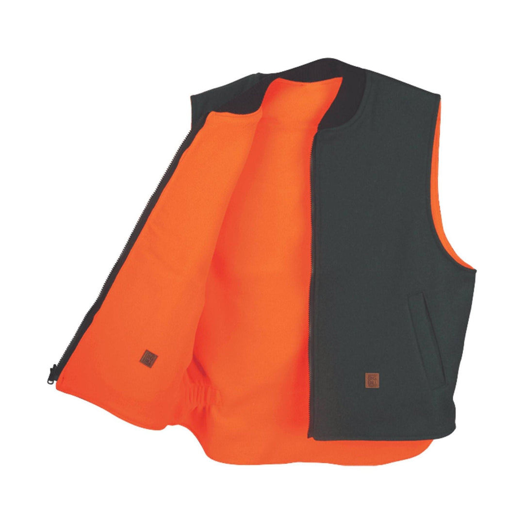 Reversible sleeveless vest with black outer side and bright orange inner side, shown open.