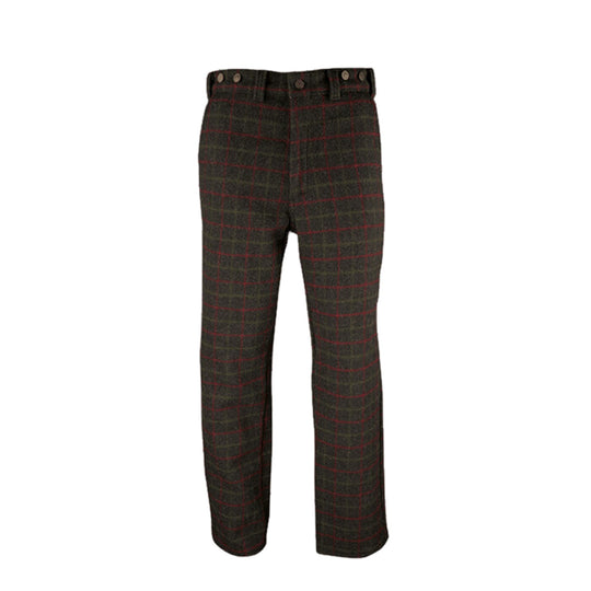 Dark plaid wool pants with a straight leg and button-tab waistband