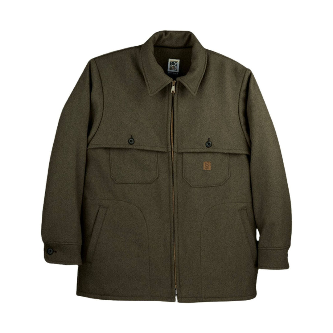 Olive zip-front jacket with pointed collar, flap pockets, and buttoned cuffs, shown front view