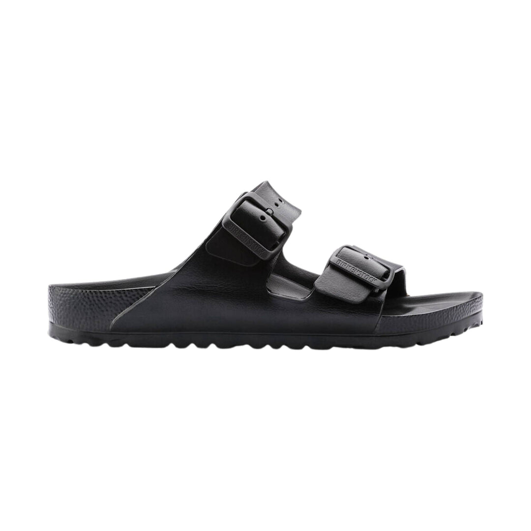 Black two-strap slide sandal with molded footbed and textured sole