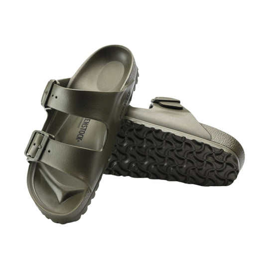 Olive EVA slide sandals with two buckled straps