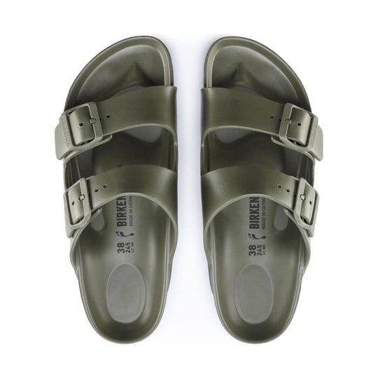 Pair of olive green double-strap sandals with buckles, top view