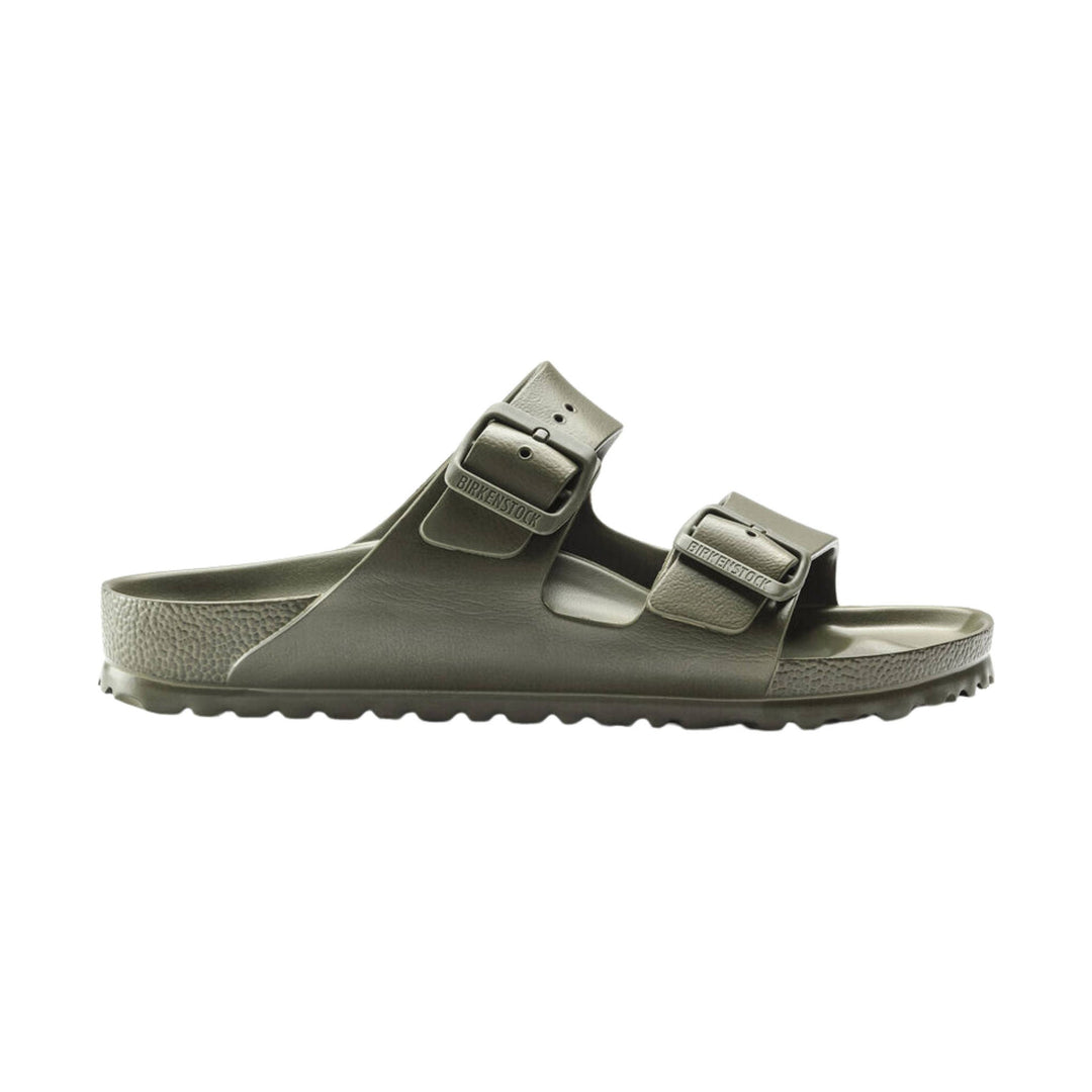 Olive green two-strap slide sandal with buckle closures and textured sole