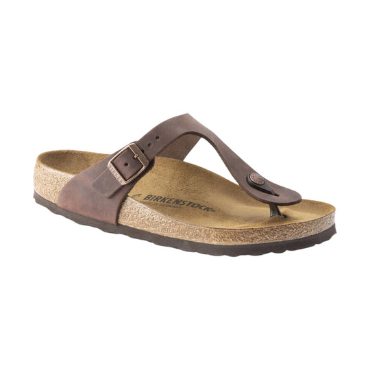 Brown thong sandal with a buckled leather strap and cork footbed