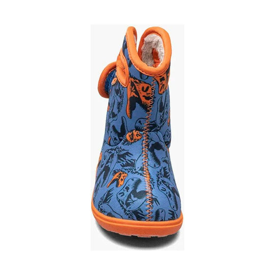 Blue and orange dinosaur-print toddler rain boot with fleece lining