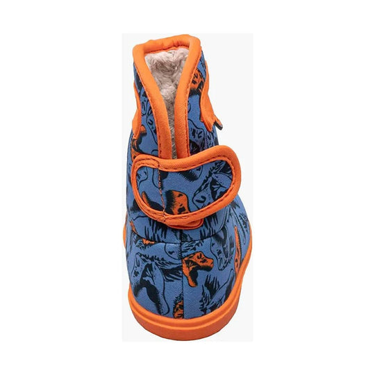 Blue and orange toddler rain boot with dinosaur print and faux-fur lining