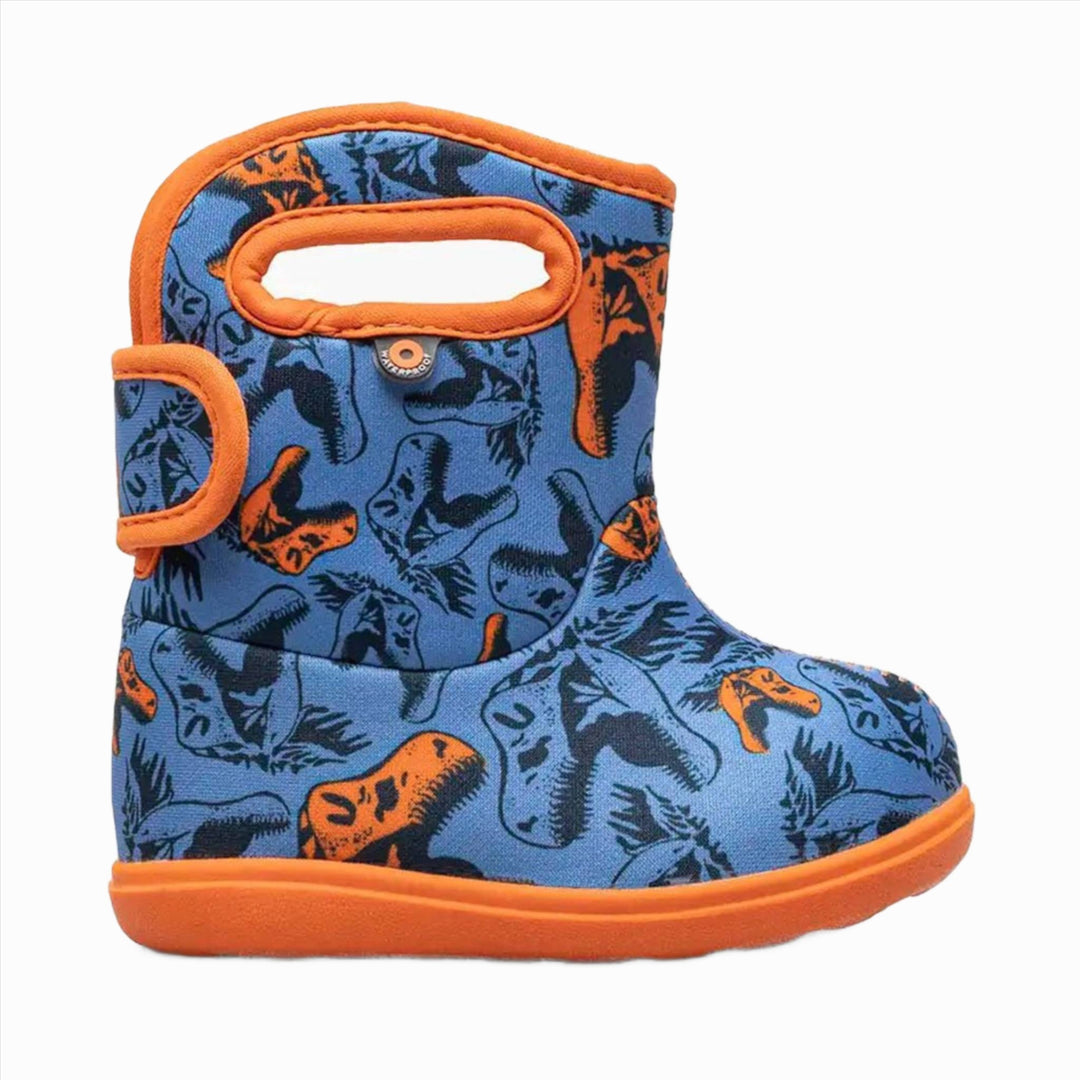 Blue toddler rain boot with orange trim and dinosaur print