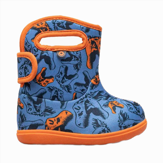 Blue toddler rain boot with orange trim and dinosaur print