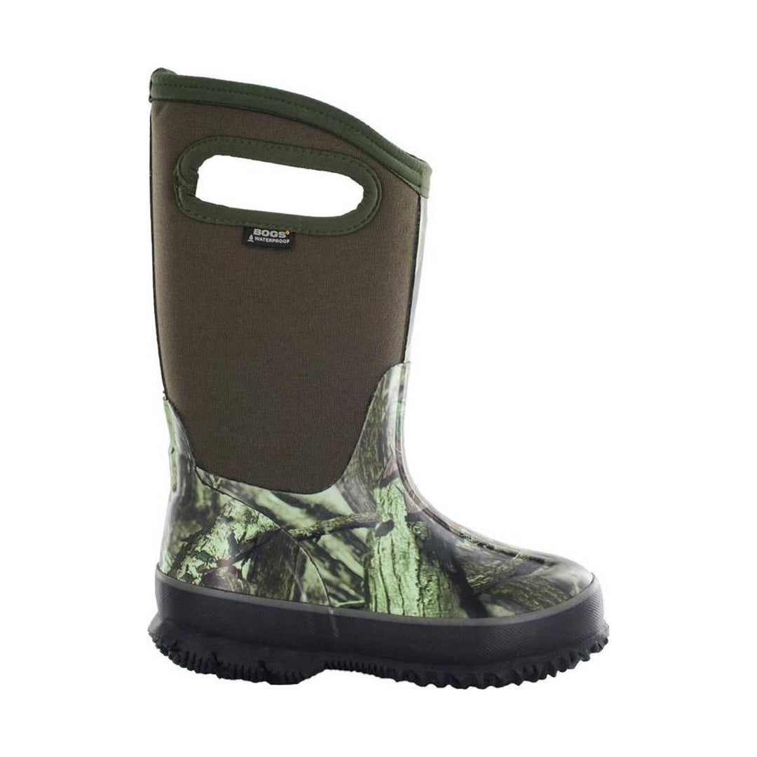 Mossy camouflage insulated rain boot with brown shaft, green trim, and black treaded sole