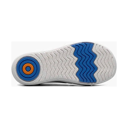 White shoe outsole with blue and orange tread patterns