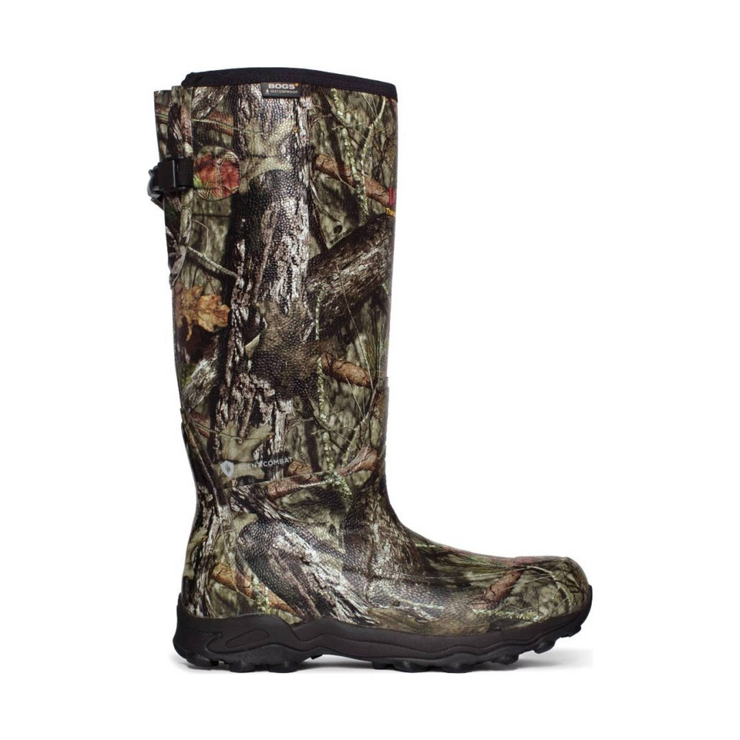 Camouflage knee-high waterproof rain boot with black sole and pull-on design