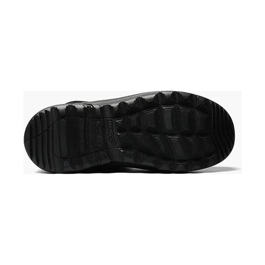 Black boot outsole with deep traction lugs and molded branding