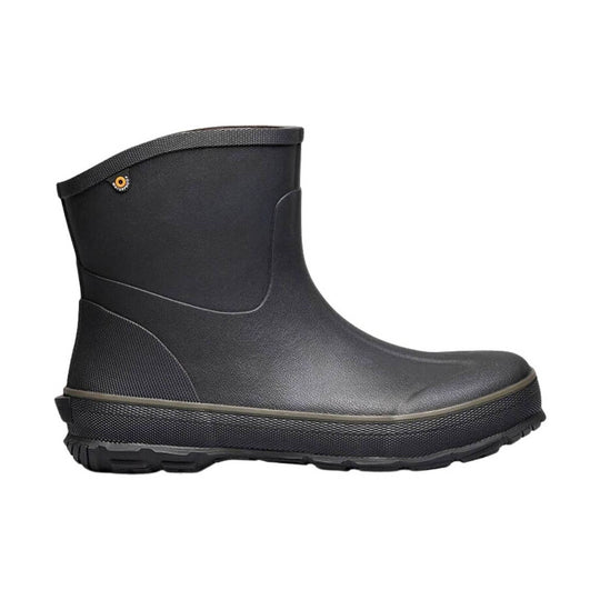 Black mid-height rubber work boot with a textured sole and curved upper cuff