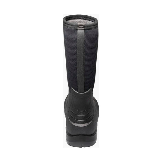 Black tall work boot shown from the back with a textured shaft and thick rubber sole