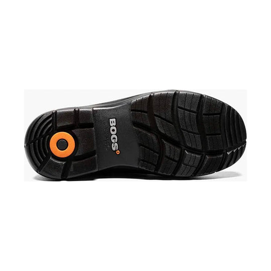 Black boot outsole with deep tread and orange circular heel accent, with BOGS logo in the center