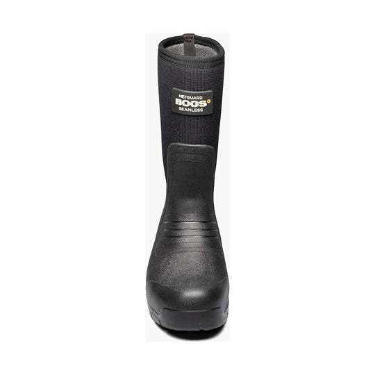 Black pull-on rubber work boot with a tall neoprene shaft and lugged sole
