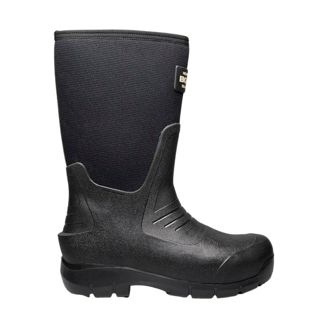Black insulated knee-high work boot with a textured shaft and rugged treaded sole