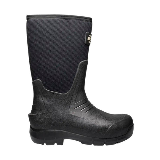 Black insulated knee-high work boot with a textured shaft and rugged treaded sole