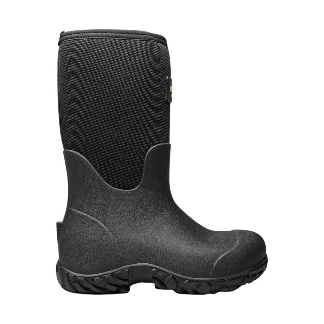 Black tall rubber work boot with textured shaft and heavy lug sole, side view